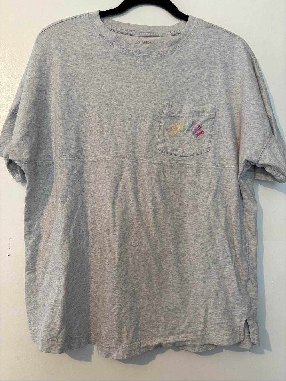 PINK Victoria's Secret Light Gray Short Sleeve Tee with Rainbow Pocket Detail